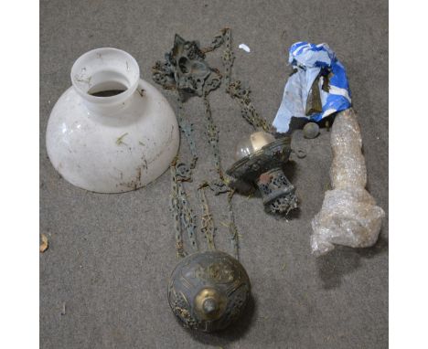 Brass rise-and-fall pendant oil lamp, heavily oxidised, opaque glass shade, possibly incomplete.