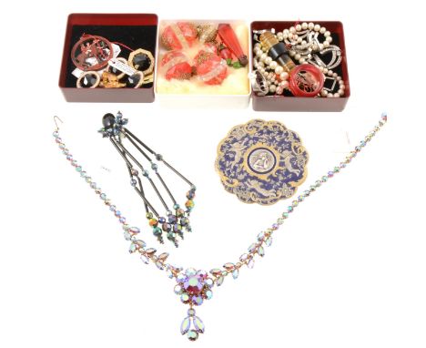 A graduated simulated pearl necklace, clasp marked 9ct, 57cm; a gilt metal and red enamel pencil holder, connector marked 9.3