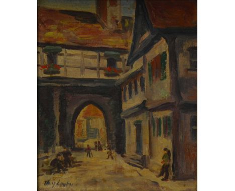 May Lowen, Village scene, oil on canvas, signed, 18x14cm, and a print of Dovedale.