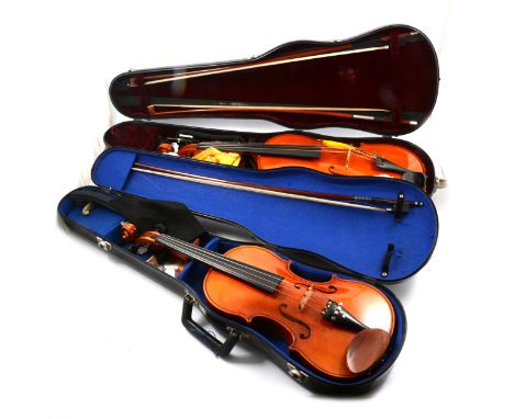 Viola, labelled Florea Precub Romania, 1976, 16", two bows, hard case, and a German violin labelled Francesco Rugieridetto, b