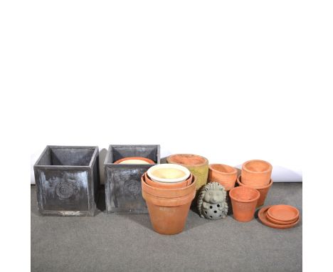 Collection of garden planters, various sized terracotta planters, trays, two cuboid Kew Garden planters, 38cm square, and an 