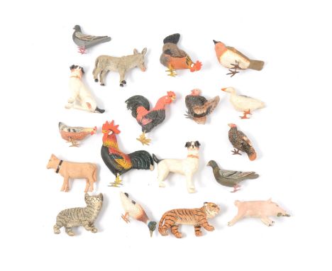 Ceramic and resin small animal figures, including tiger; birds; cat; dogs; duck; pig; mostly between 3cm and 5cm in length.