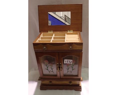 Retro wooden jewellery box with lifting lid, double glazed doors and single drawer, 20x 15 x 30 cm. P&amp;P Group 2 (£18+VAT 