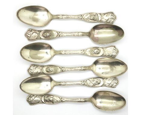 A set of six silver plated teaspoons decorated in relief with world leaders from WWI. P&amp;P Group 1 (£14+VAT for the first 