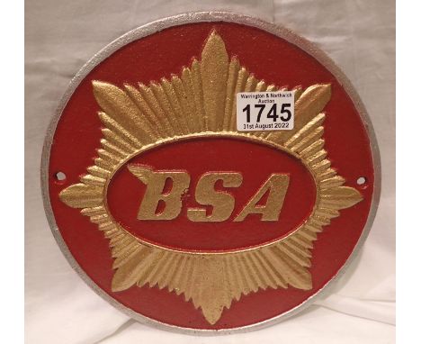 Cast iron red BSA plaque, W: 25 cm. P&amp;P Group 2 (£18+VAT for the first lot and £3+VAT for subsequent lots) 