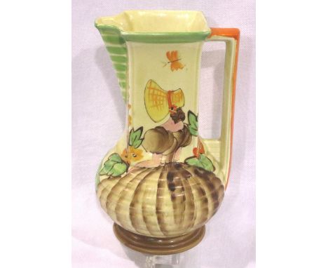 Myott &amp; Sons hand painted Art Deco jug, H: 22 cm. No crazing or major paint loss/fading, 10 cm hairline crack across the 
