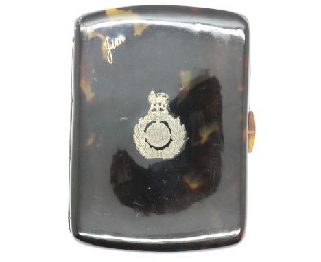 Antique tortoiseshell cigarette case with aplique silver crest, 8 x 11 cm. P&amp;P Group 1 (£14+VAT for the first lot and £1+