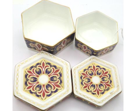 Two Royal Crown Derby small covered pots, largest H: 40 mm. No cracks, chips or visible restoration. P&amp;P Group 1 (£14+VAT