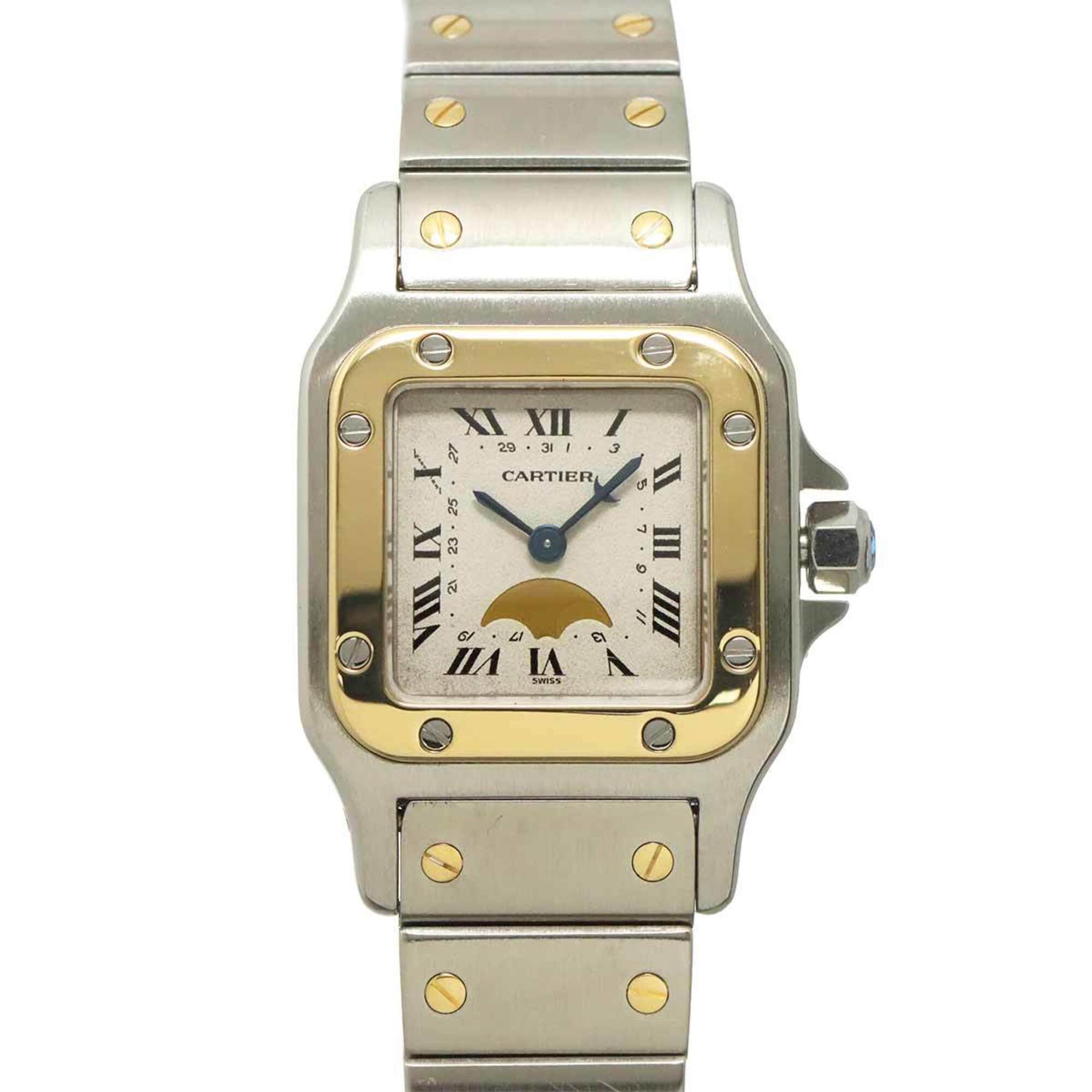 Cartier Santos Galbee SM Moon Phase Two-Tone W20008C4 Women\'s Watch Ivory YG Yellow Gold Quartz