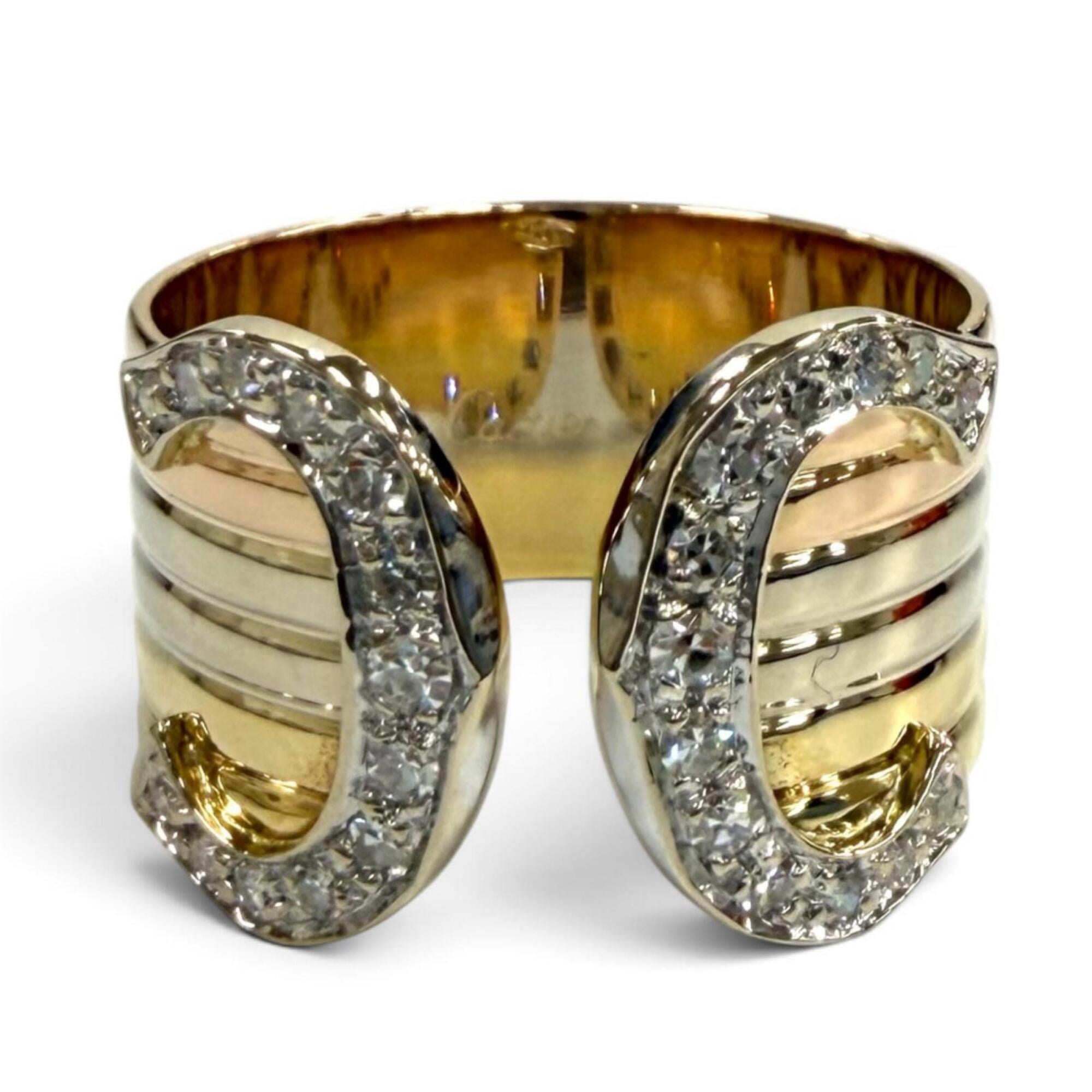 Cartier 750 (YG PG WG) Diamond 2C Double C Large LM Three-Color Ring, Yellow Gold, Pink White Size 5