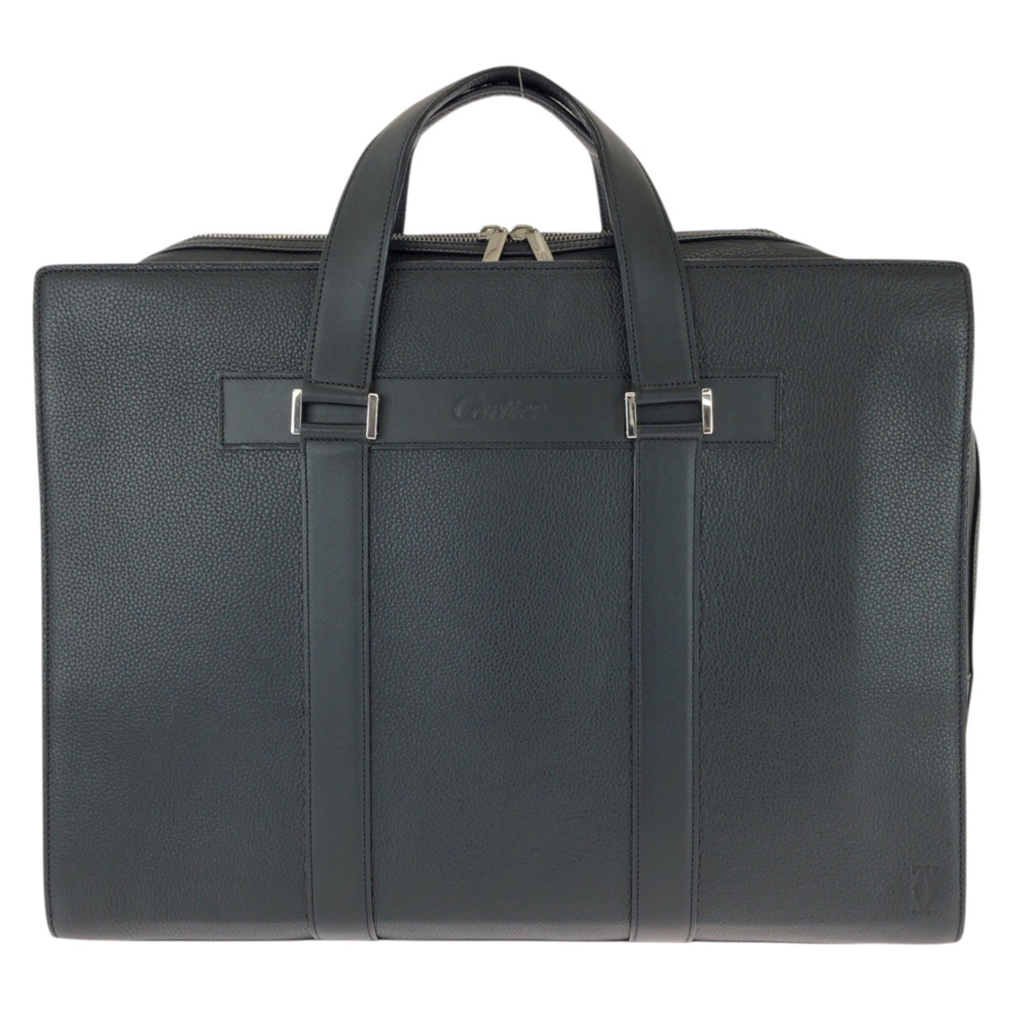 CARTIER Cartier Must Line Black Leather Business Bag Briefcase with Silver Hardware for Men