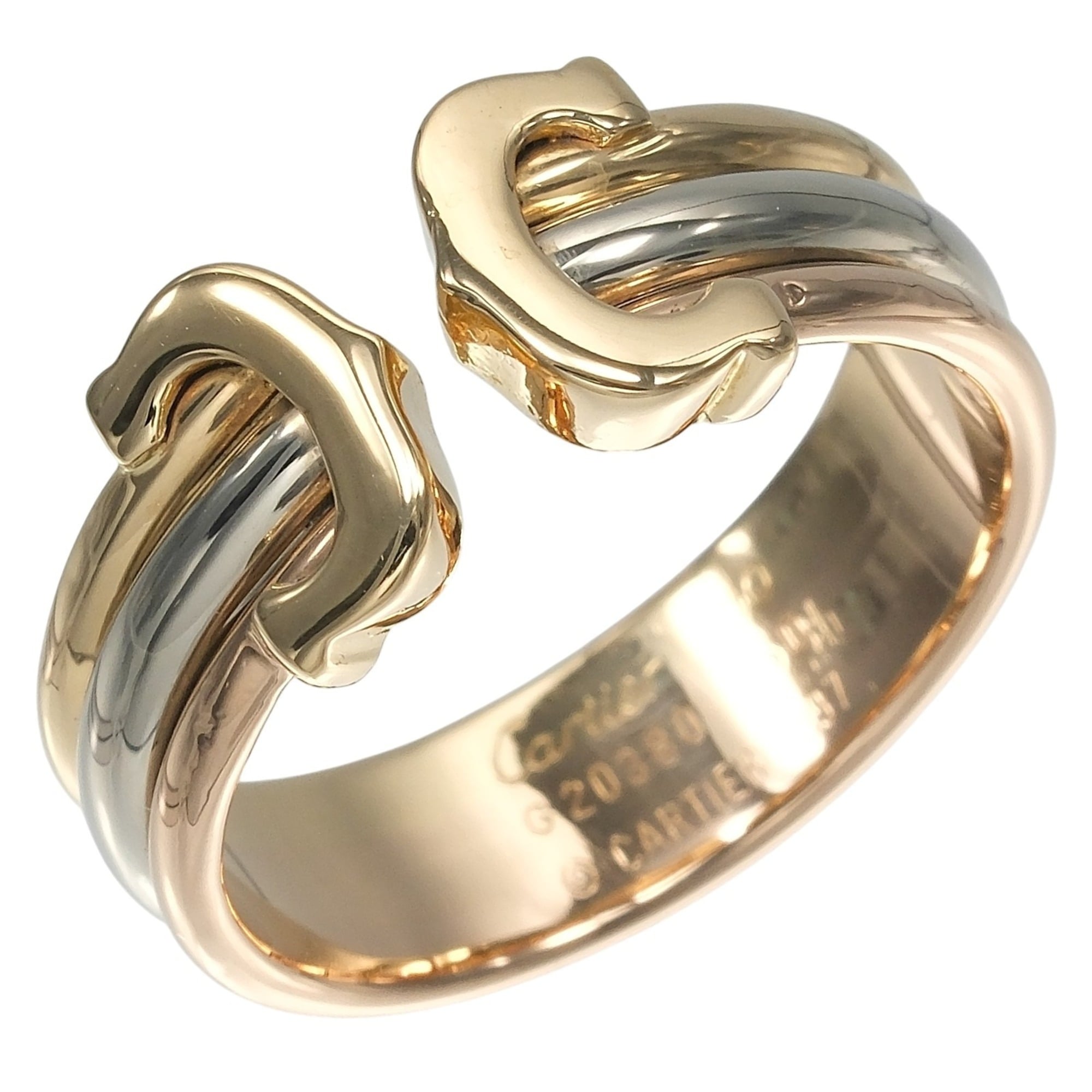 Cartier 2C Three-Color Ring, Size 9.5, 18K Gold (YG, PG, WG), Approx. 4.83g