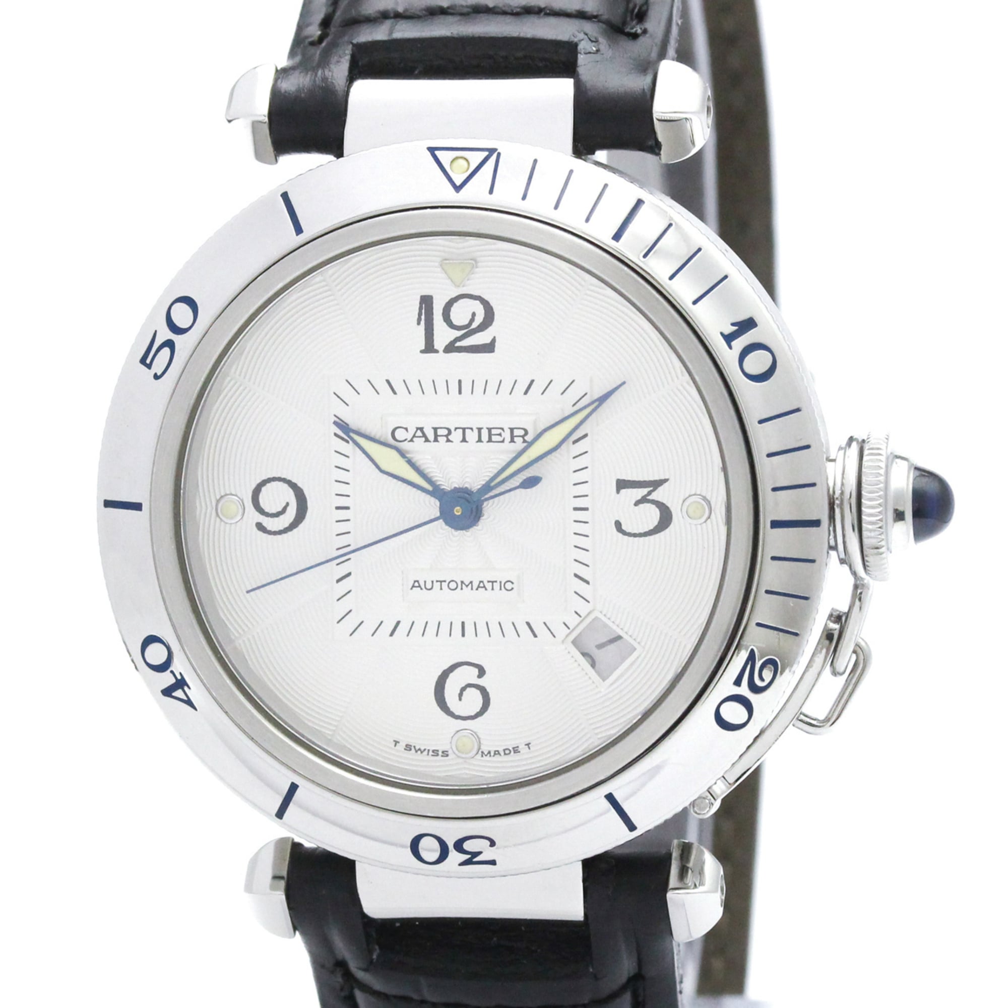 CARTIER Pasha 38 Steel Leather Automatic Mens Watch W3103155 Polished