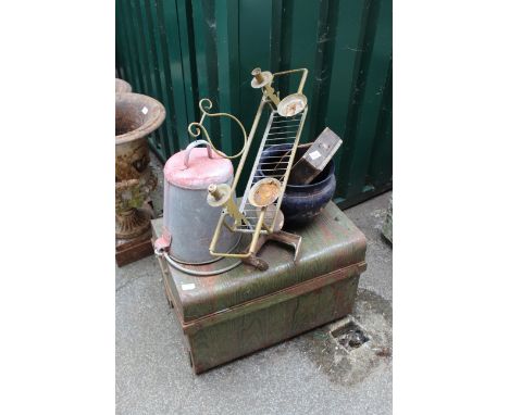 A metal trunk containing an anglepoise lamp (untested) etc together with a fire bucket, jardiniere and assorted metalwares
