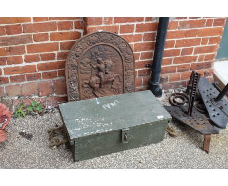 A vintage pine tool box together with cast iron fireback