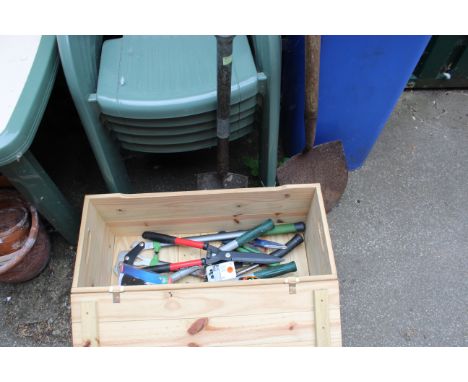 An assortment of tools including two vintage spades etc and a pine lidded box