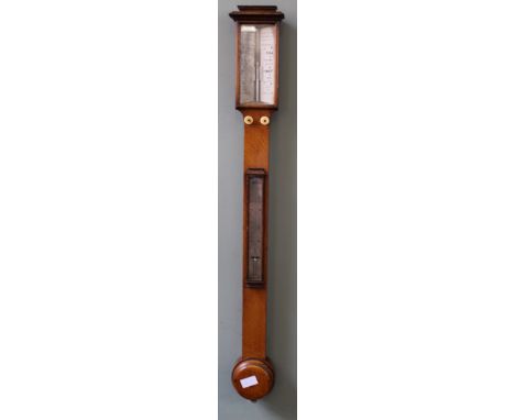 A mid 19th Century oak stick barometer by Grasemann, 51 Strand, London with thermometer on stem