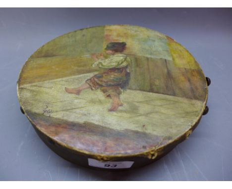 A tambourine, the top mounted with animal hide painted with boy playing the flute, indistinctly signed lower left, diameter:2