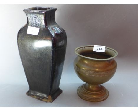 A Bronzed stem bowl, H:15cm, together with brown glazed pottery vase converted into lamp, H:28cm 