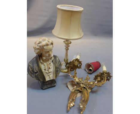 A pair of Rococo style two branch wall lights together with a lamp and a bust of beethoven 