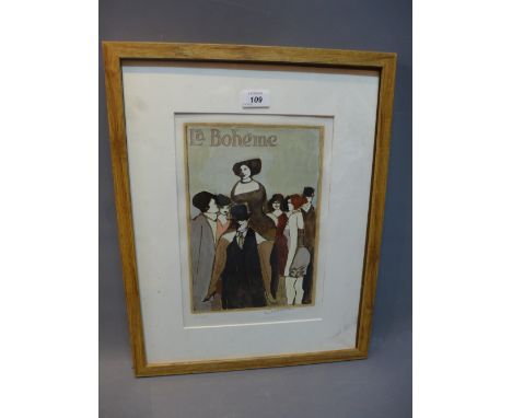 A hand coloured lithograph titled "La Boheme", numbered 26/250 and indistinctly signed in pencil. 29x20cm 