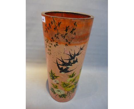 A Victorian Toleware cylindrical stick stand hand painted with flowers, H:60cm