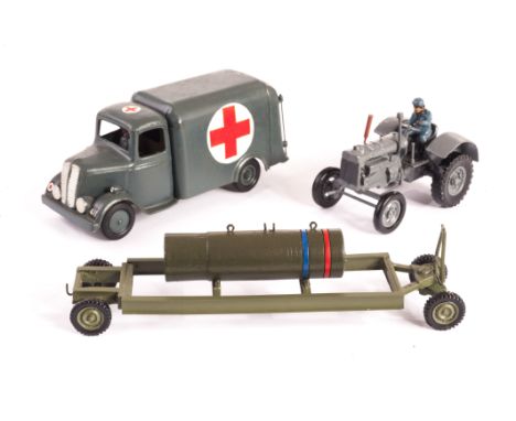 RAF Ambulance and tractor towing bomb on trolley, Ambulance is repainted Britains, tractor is recast Britains, trolley origin
