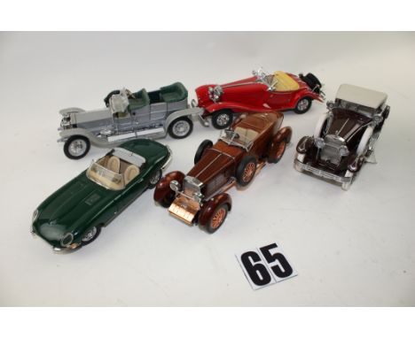 Danbury & Franklin Mint, loose 1924 Hispano-Suiza Tulipwood, Jaguar E Type, Rolls Royce Silver Ghost and four others, G-E, so