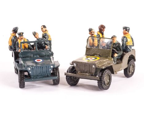 RAF Air Crew Jeeps,  (2), possibly by Fusilier Miniatures, VG, with a Corgi Bloodhound missile on trolley, F, (3)
