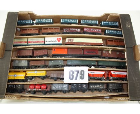 Unboxed OO/HO Gauge Freight stock by various makers: A tray containing Freightliners, Coke Wagons, Tilbury Hoppers and others