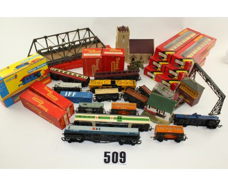 A collection of OO scale rolling stock and scenic items by Triang Hornby and others: including red/cream BR coaches (6, boxed