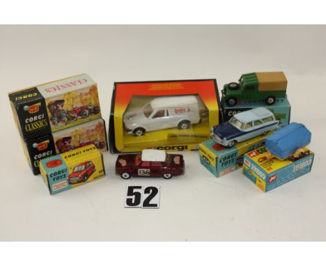 Corgi Toys, 406 Land Rover, 424 Ford Zephyr, 9013 Ford 1915, 9032 Renault, 109 Trailer, 498 Ford Escort, in original boxes, l