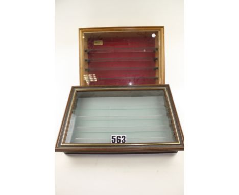 Display cases by Timbercraft or similar: Two cases, one in light oak finish measuring approx 19"x 16" x 4½" with 3 shelves, t