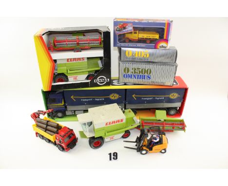 Diecast and Plastic Vehicles including Claas Farm Vehicles: Siku 2521 J.Meyer Truck, NZG MB Omnibus 3500 and Standard Linienb