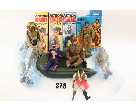 Action Man and Accessories: ten original 1960'S clothed Action Men with four boxes, including Cowboy, Helicopter Pilot and ot