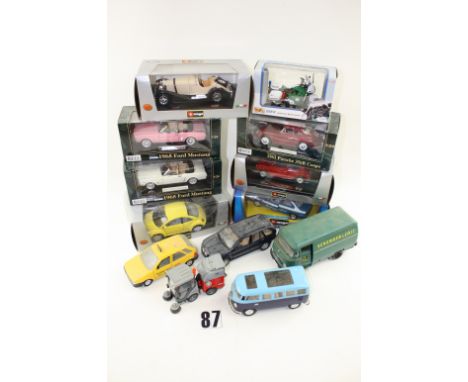 1:18  and 1:24 scale cars and other vehicles by various makers: including  Maisto 1:18 BMW Motorcycle, Burago 1:24 (7, two un