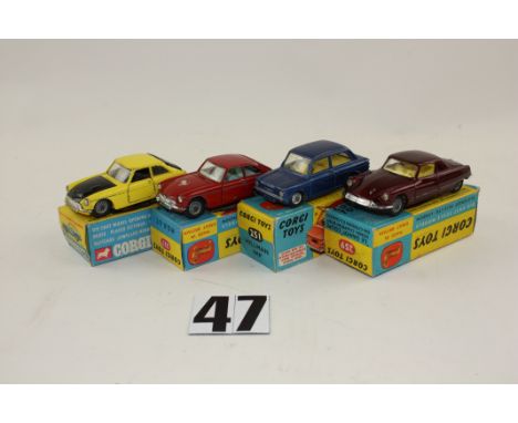 A Corgi Toys 259 Citroen Le Dandy Coupe, 327 M.G.B GT, 345 MGC GT Competition, 251 Hillman Imp, in original boxes, F-VG, boxe