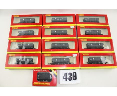 Hornby OO Gauge Hopper wagons: One dozen hoppers, comprising R6125 (10) and R6125D (2), together with a Fruit van, all in NE 