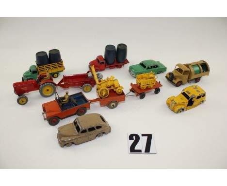 Unboxed Dinky Toys Cars and Commercials: Ford Sedan, Vanguard, Massey Harris Tractor two trailers and spreader, Dodge Cattle 