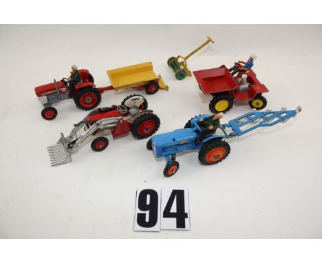 Corgi Toys and Britains Farm Vehicles: Corgi Massey Ferguson Tractors (2, one with shovel), Fordson Power Major (lacks exhaus