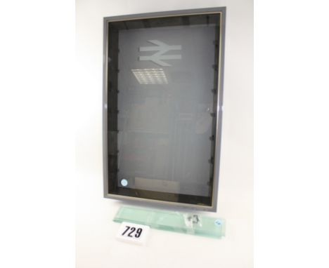 Display case by Timbercraft or similar: measuring 27" x 17", with seven glass shelves 2½" wide, gold-lined mid-grey painted f