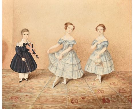 Early 19th Century English school, a group portrait of three children, watercolour, 10" x 12", (25 x 30cm).