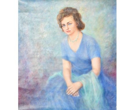 G.M. Imberger, Portrait of a society lady wearing a blue dress, oil on canvas, signed and dated 1967 33.5" x 29.5", (84x75cm)