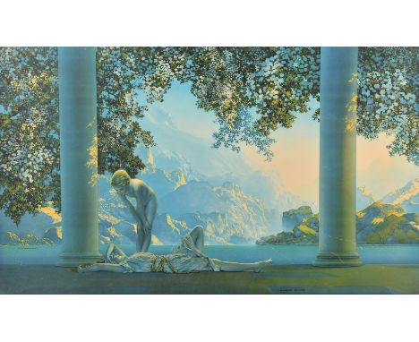 Maxfield Parish, 'Daybreak', Two classical female figures by marble pillars next to still water with mountains beyond and the