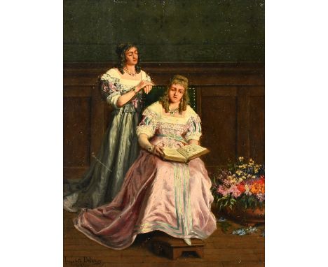 Hippolyte-Pierre Delanoy, circa 1876, figures studying a book in an interior, oil on panel, signed and dated 1876, 9.5" x 7" 
