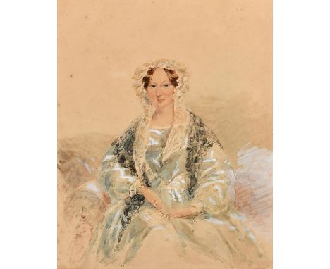 English School (19th Century) Portrait of a seated lady, thought to be Georgina Beauchamp, watercolour heightened in white, i