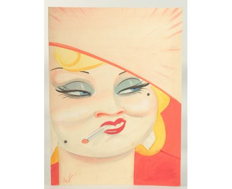Edward Sylvester Hynes (1897-1982) Irish, Portrait of a blonde woman with a cigarette in her mouth, watercolour, signed, 12.2