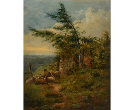 19th Century School, sheep resting by a gate with a valley view beyond, oil on canvas laid down, 11.25 x 9.25" (28 x 23cm).