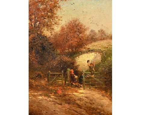 A.M. Phillips, circa 1879, children playing on a swinging gate, oil on canvas, signed, 16" x 12", (40 x 30cm).