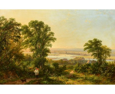 John Frederick Tennant (1796-1872) British, a wayfarer on a country path with a river and town in the distance, oil on panel,